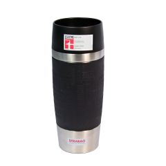 Insulated mug with black elements and “STRABAG” logo on the lower part