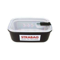 Side view of black lunch box with transparent lid and “STRABAG work on progress” logo on the side